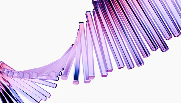 Abstract 3D rendering of twisting glass bars in pink and purple hues, creating dynamic and modern design