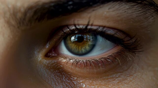 Close up human eye with detailed iris reflection and visible tear on skin surface