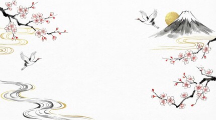 Serene cherry blossom and crane scene japanese landscape botanical art tranquil environment aesthetic viewpoint nature concept for peace and harmony