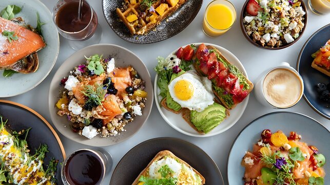 Overhead view of a variety of delicious breakfast dishes and drinks on a table brunch food
