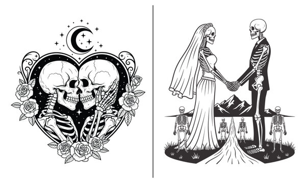 Gothic Wedding Skeleton Couple Illustration Set, Dark Romantic Bride and Groom Love Artwork for Alternative Wedding and Valentine Designs