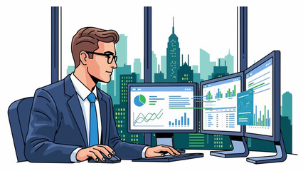 Focused Cartoon Man Analyzes Data on Dual Monitors in Cityscape Office &ndash; Desk, Chair, Suit, Graphs, Viewpoint