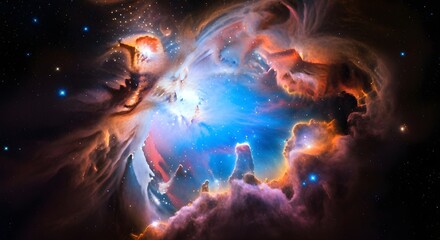 Vibrant cosmic nebula with blue and orange gas clouds in deep space background