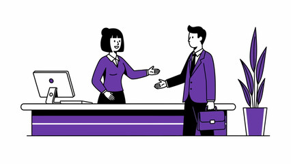 Graphic of Man and Woman Handshake at Counter with Suit, Briefcase, Computer, and Plant in a Professional Office View
