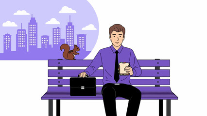 Man sits on a purple bench, typing on a laptop while a curious squirrel watches, city skyline in the background, productivity and focus, playful.