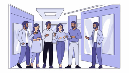 Business casual group conversing in a hallway portrait illustration of men and women in a corporate office setting