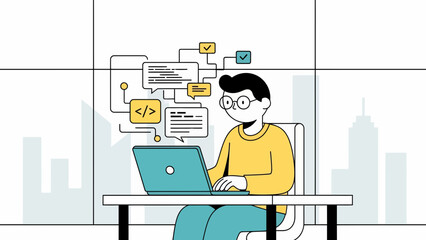 Software developer coding at desk in modern office, laptop open, cityscape backdrop, window view