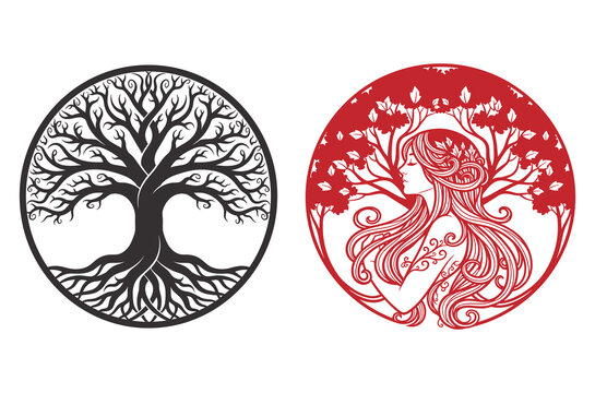 Tree of Life Woman Silhouette Circular Illustration Set, Sacred Nature and Feminine Spirit Symbol Artwork for Spiritual and Creative Designs
