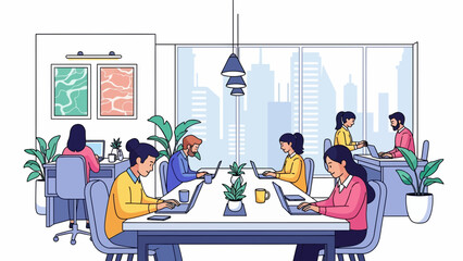 Team Collaborating in Modern Office with City View, Laptops, Plants, Whiteboard