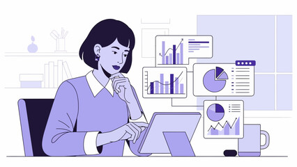 Woman Analyzes Data on Laptop at Desk, Surrounded by Floating Charts and Graphs, Purple Mood, Front View