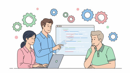 illustration shows collaboration on computer, fostering innovation in a collaborative environment