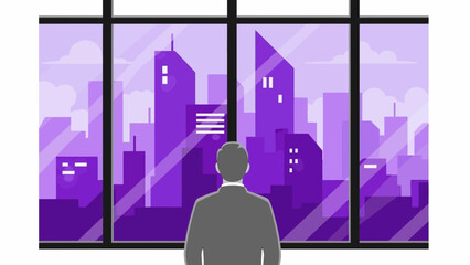 Contemplative Man in Suit Gazes Through Windowpane at Cityscape Building Skyline with Window from Interior View &ndash; Flat Graphic Illustration