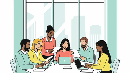 Collaboration in a Team Meeting by a Window with a City Skyline, Laptops and Productivity