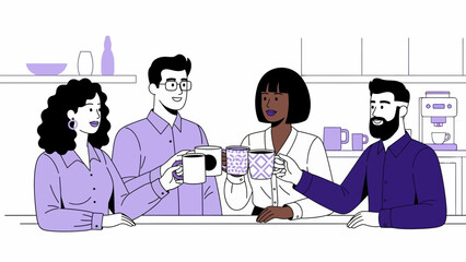 Four friends share coffee mugs in a cozy kitchen, smiles around a table, a friendly gathering illustrated with vibrant colors.