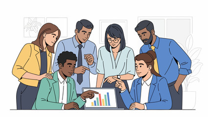 Business Professionals Gather Around Table Discussing Colorful Bar Chart in a Meeting Room