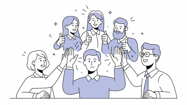 Five People Discuss Success with Thumbs-Up in a Bright Office Discussion