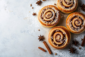 Cinnamon rolls with nuts and powdered sugar.