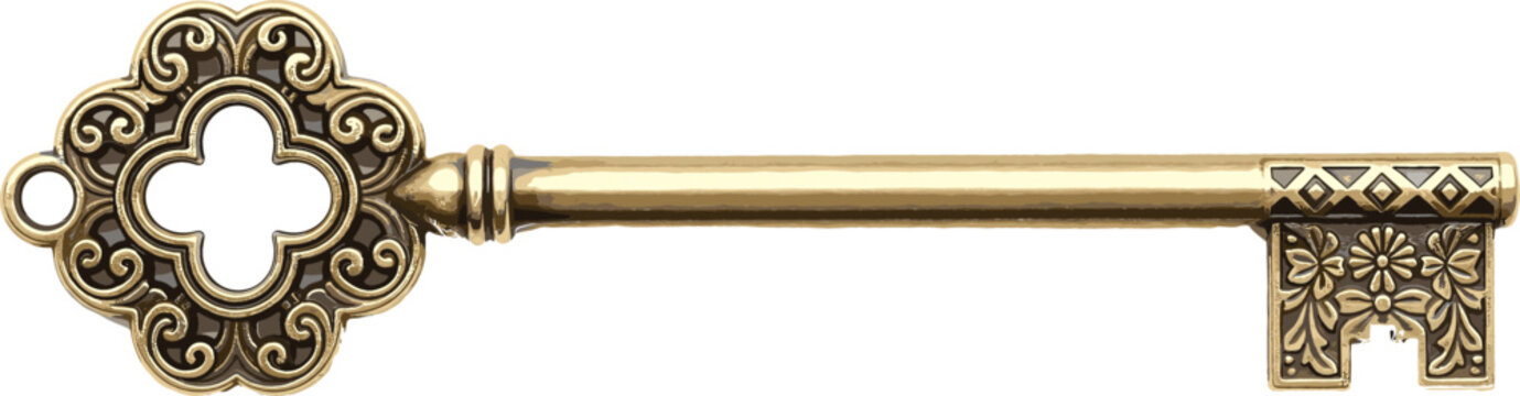 Vintage ornate golden skeleton key vector illustration featuring antique brass decorative filigree details and floral patterns isolated on a white background for concepts.