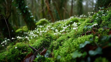 Vibrant green moss carpet with delicate white flowers covering the forest floor, showcasing nature's intricate details and tranquil beauty.
