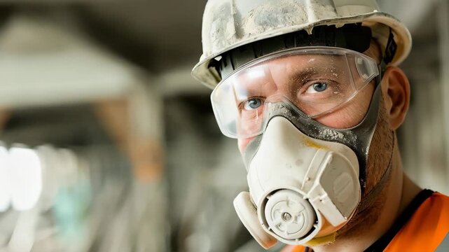 Construction worker wearing respirator and safety goggles