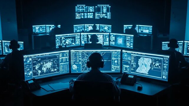 Cybersecurity Control Room Operator Monitoring Multiple Screens.