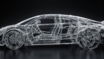 Naklejka premium Transparent vehicle rendering, showing internal structure on dark background