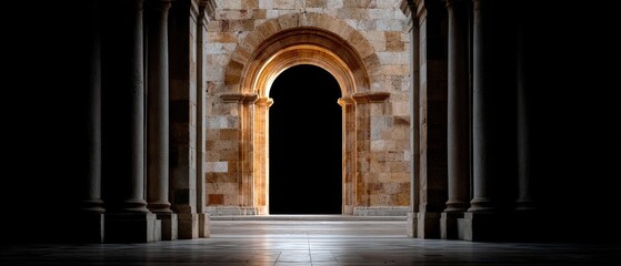 Arched entrance of a stone building with tiled floor and empty background suitable for graphic design or commercial use
