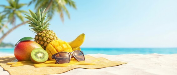 Refreshing summer fruit display on beach tropical location photo sunny environment close-up view relaxation concept for optimal enjoyment and health benefits