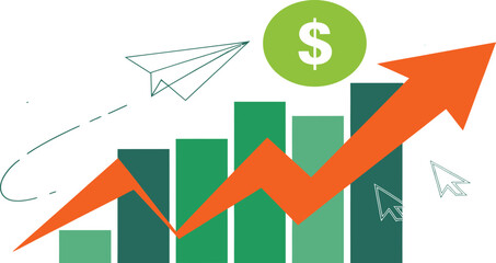 Upward trending bar graph demonstrates financial growth with an ascending orange.