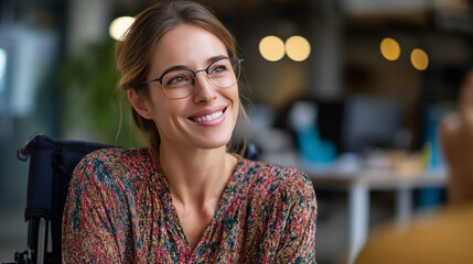 Professional woman in wheelchair discussing ideas in modern office, faceless employee, inclusive workplace, accessible environment, business collaboration, defocused contemporary s