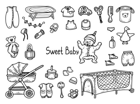 Sweet baby set. Hand drawn doodle vector elements. Newborn items stroller, crib, clothes, toys, pacifier, rattle, bathtub. Child. Pregnancy, childbirth. Line art illustration.