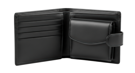 A sleek black leather wallet with multiple card slots and a cash compartment on transparent background