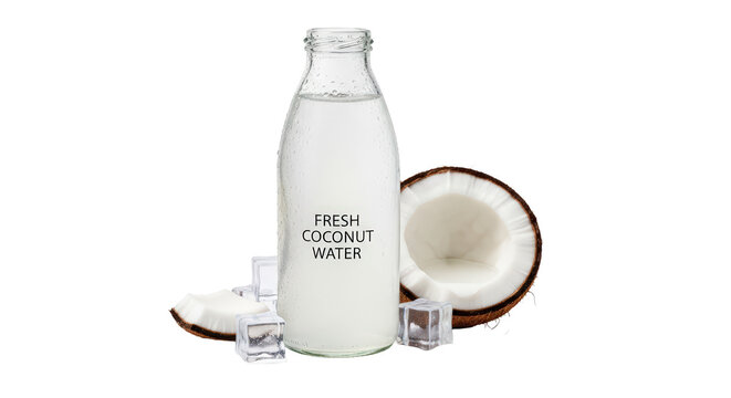 A glass bottle of fresh coconut water with ice cubes and a coconut on transparent background