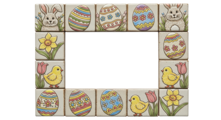 A colorful Easter-themed frame border illustration of eggs, bunnies, and chicks on transparent background