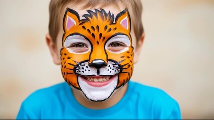 Child's delightful transformation with tiger face paint brings joyful expressions