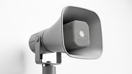 A grey, robust wall-mounted public address horn speaker is prominently displayed against a clean white background.