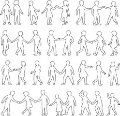 Fototapeta premium Minimal blue outline human figures holding hands in various poses, seamless vector illustration symbolizing teamwork, unity, friendship, cooperation, social connection, community diversity, and 