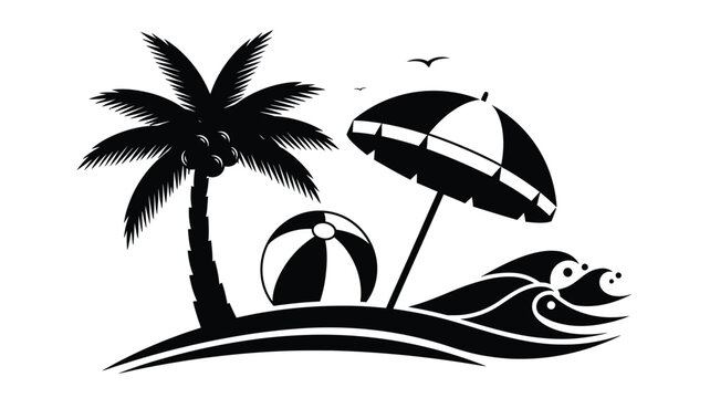 a black and white illustration depicting a tropical beach scene with palm tree silhouette
