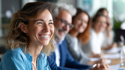 Group of professionals smiling and laughing during business meeting, faceless team, workplace humor, positive corporate culture, team bonding, defocused conference room, with copy 