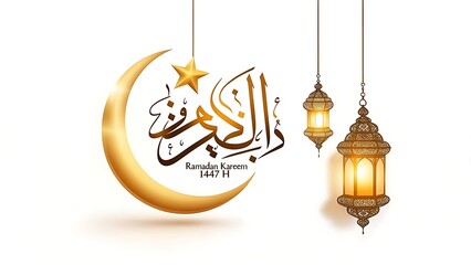 Golden crescent moon, star, Arabic calligraphy, and ornate lanterns, celebrating a religious holiday on a white background