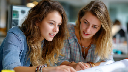 Two young women discussing design project with plans on table, faceless designers, creative collaboration, architectural planning, workspace discussion, defocused desk surface, wit