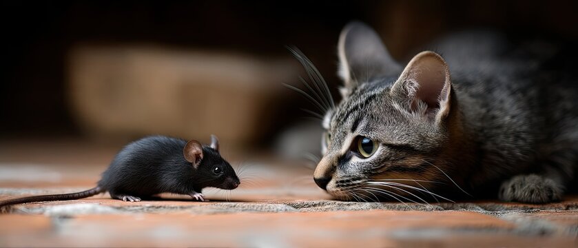 Cat chases mouse on old brick ground while showing intense focus during the hunt in a dimly lit area