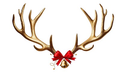 Golden deer antlers with red bow and bell on a white backdrop, festive holiday-themed illustration
