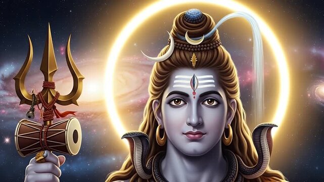 divine shiva cosmic portrait with trishula and damaru halo