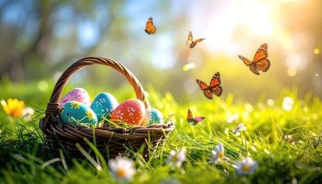 A vibrant Easter basket rests in sunlit grass surrounded by fluttering butterflies and spring flowers.