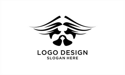 Fototapeta premium Abstract black and white logo design with symmetrical winged elements and a central stylized face or mask motif.