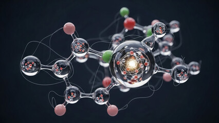 An abstract 3D molecular structure with transparent spheres and a glowing central atom floats in a dark space.