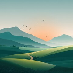 Fototapeta premium Serene Landscape: Rolling Hills and Distant Mountains at Sunrise or Sunset