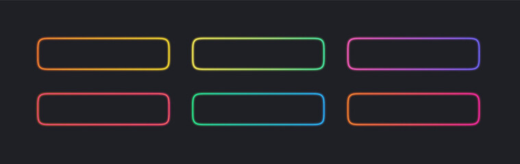 Obraz premium Neon button call action set frame with light effect isolated on dark bg. Hud game frame box with glow, blue neon pill shape for web or mobile ux, vector illustration. Colored neon banner set.