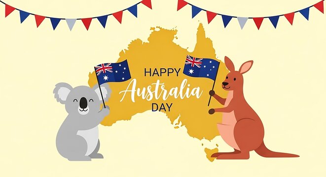 Cute cartoon koala and kangaroo characters enthusiastically celebrating happy australia day holiday waving national flags over map silhouette decoration